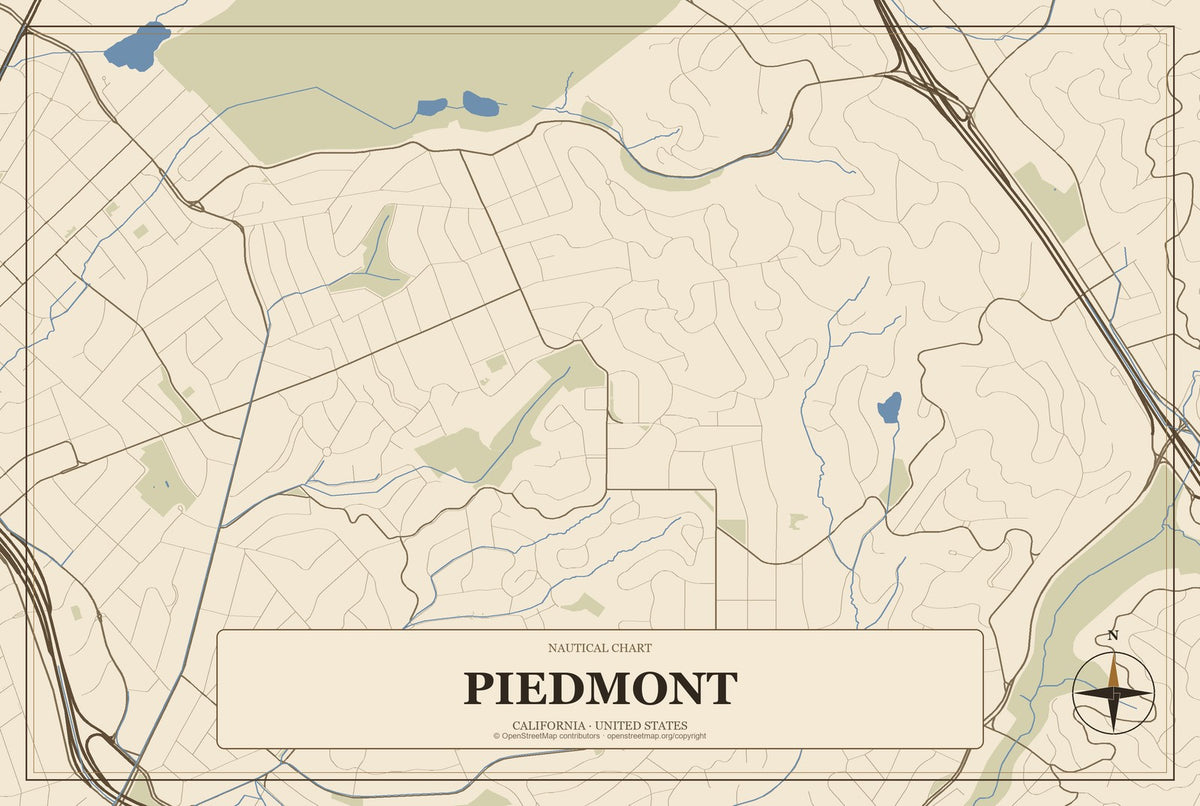 Piedmont, California City Map Aluminum Sign in Heritage Nautical style