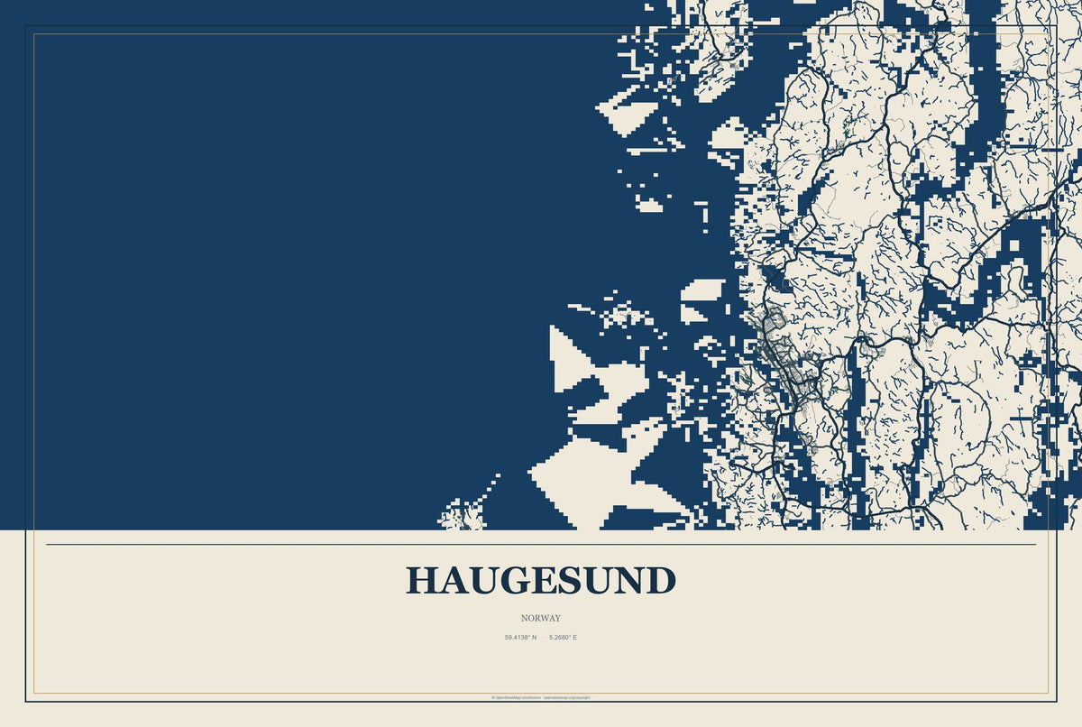 Haugesund, Norway City Map Aluminum Sign in Coastal Cutout style
