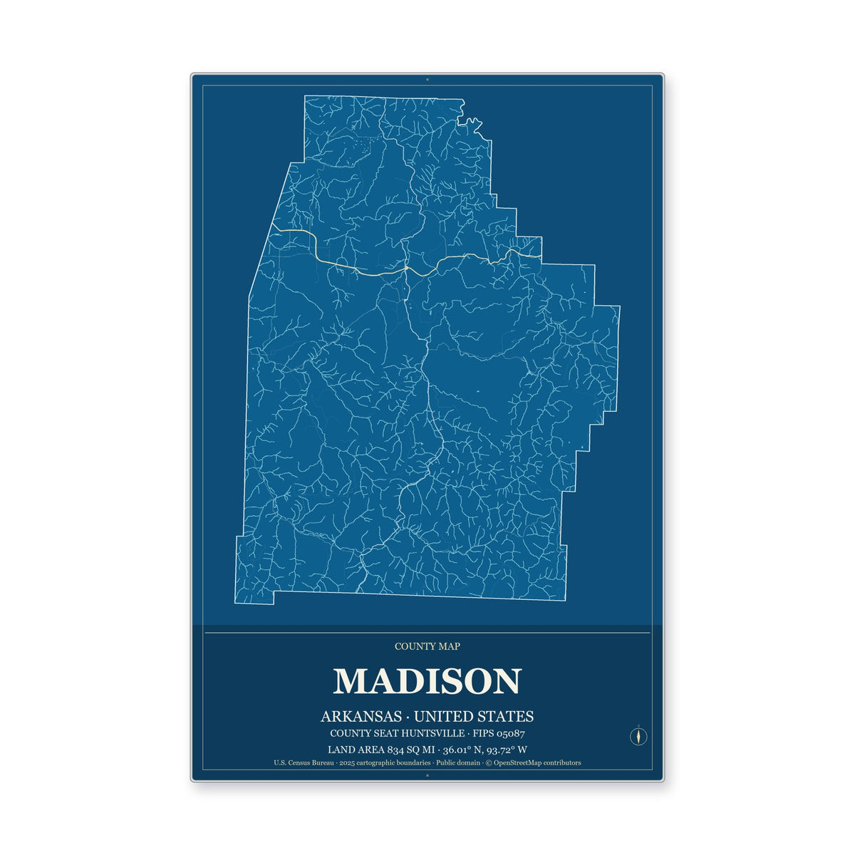 Madison County, Arkansas Map Aluminum Sign in Harbor Cobalt style