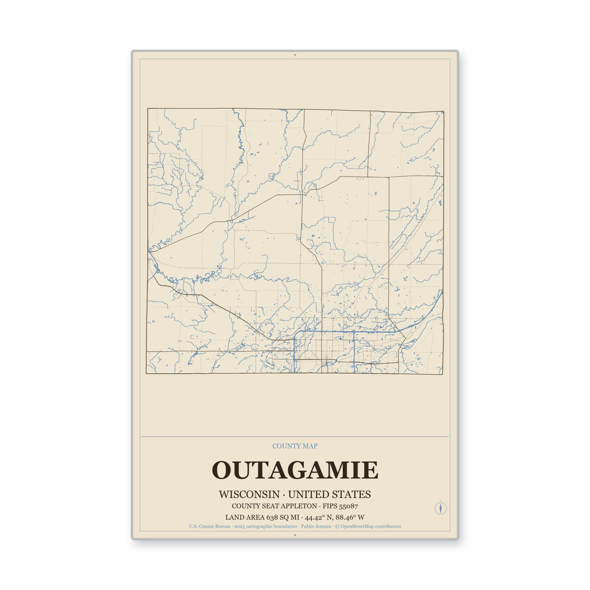 Outagamie County, Wisconsin Map Aluminum Sign in Heritage Nautical style