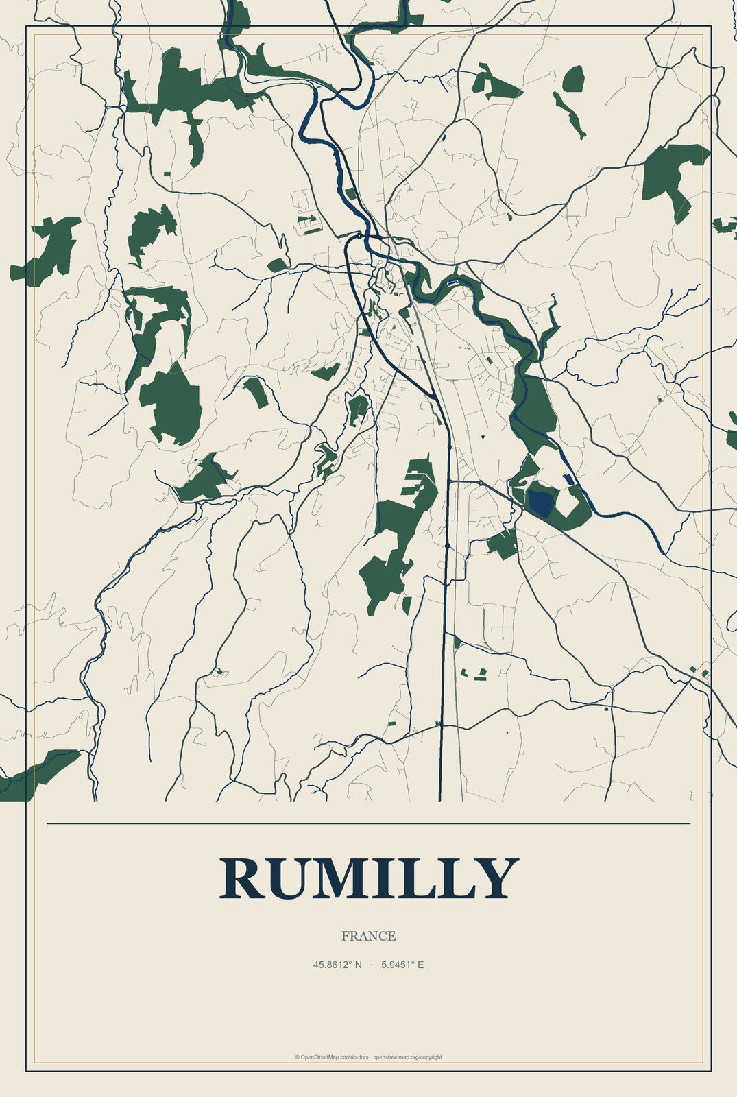 Rumilly, France City Map Aluminum Sign in Coastal Cutout style