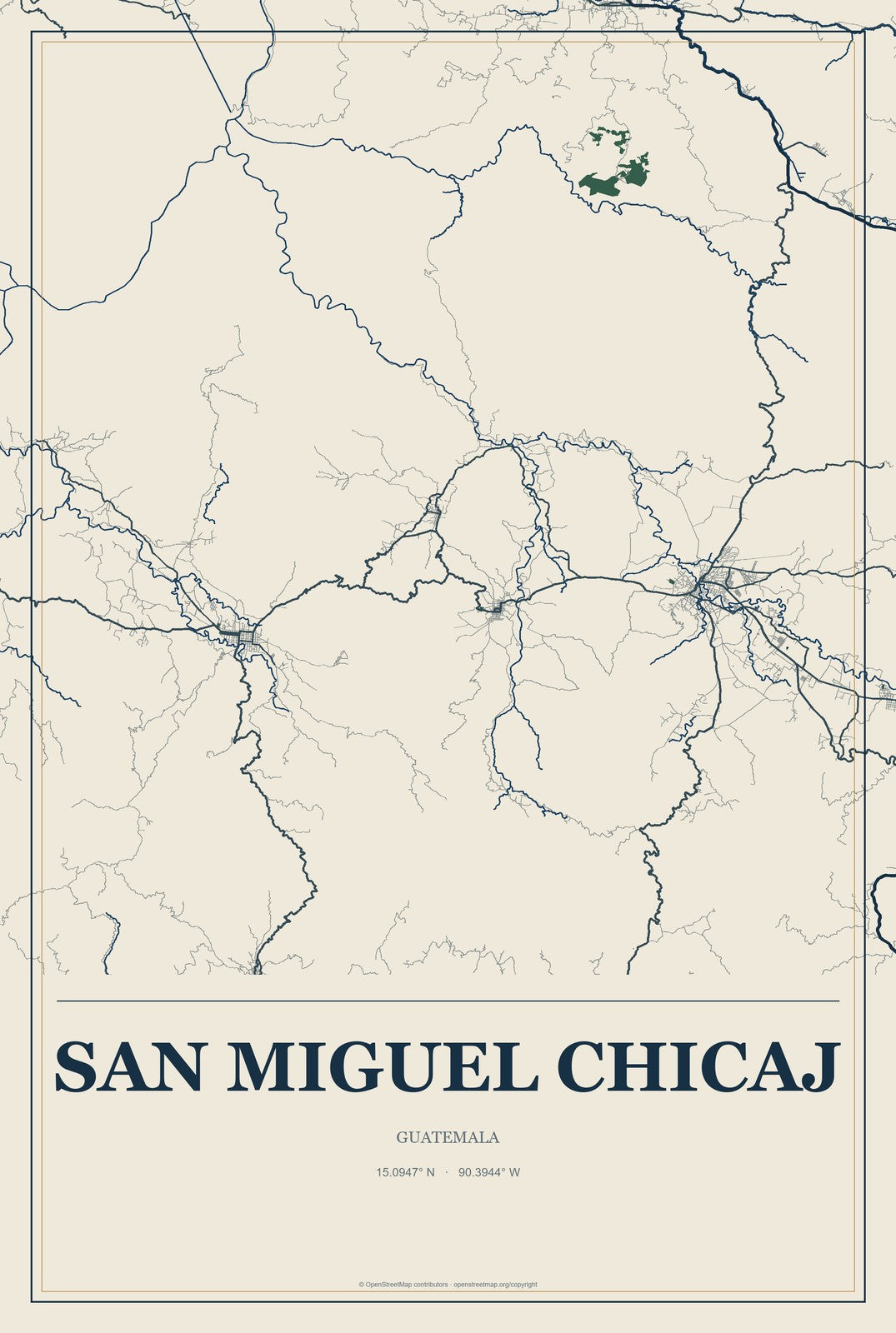 San Miguel Chicaj, Guatemala City Map Aluminum Sign in Coastal Cutout style