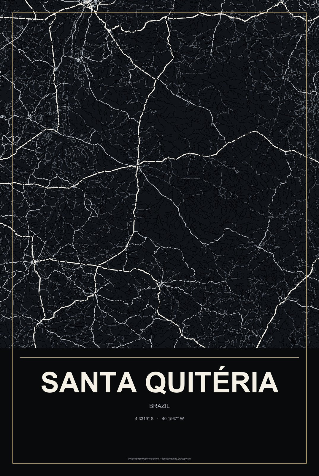 Santa Quitéria, Brazil City Map Aluminum Sign in Metropolitan Noir style