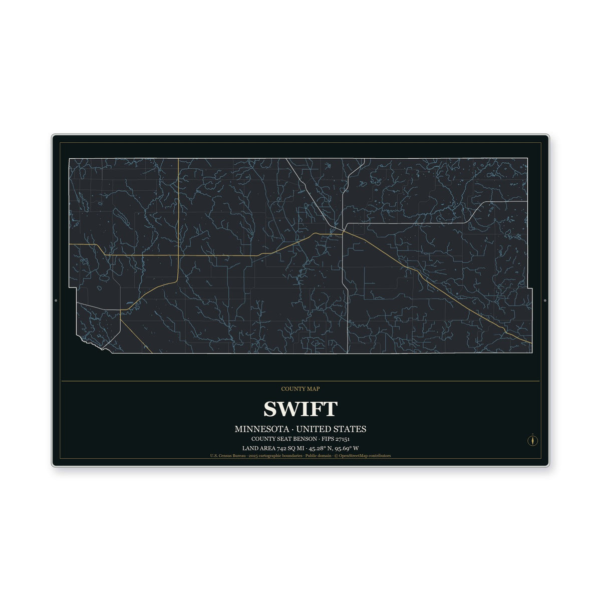 Swift County, Minnesota Map Aluminum Sign in Metropolitan Noir style