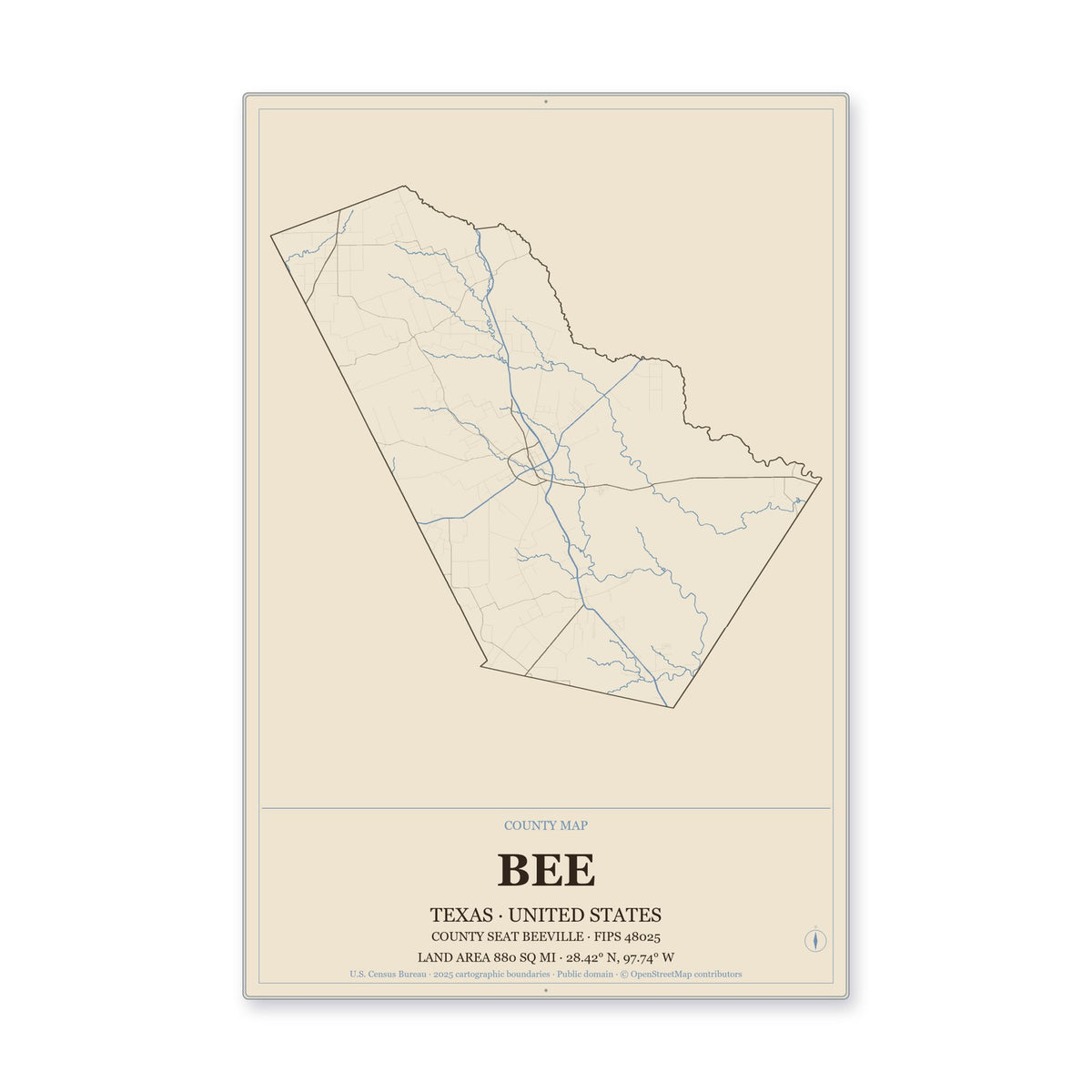 Bee County, Texas Map Aluminum Sign in Heritage Nautical style