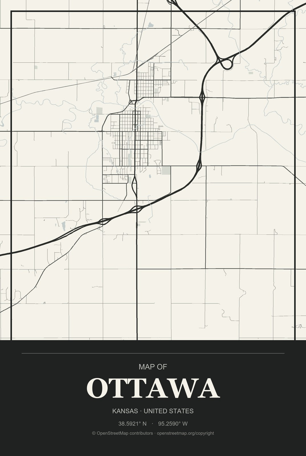 Ottawa, Kansas City Map Aluminum Sign in Museum Plaque style