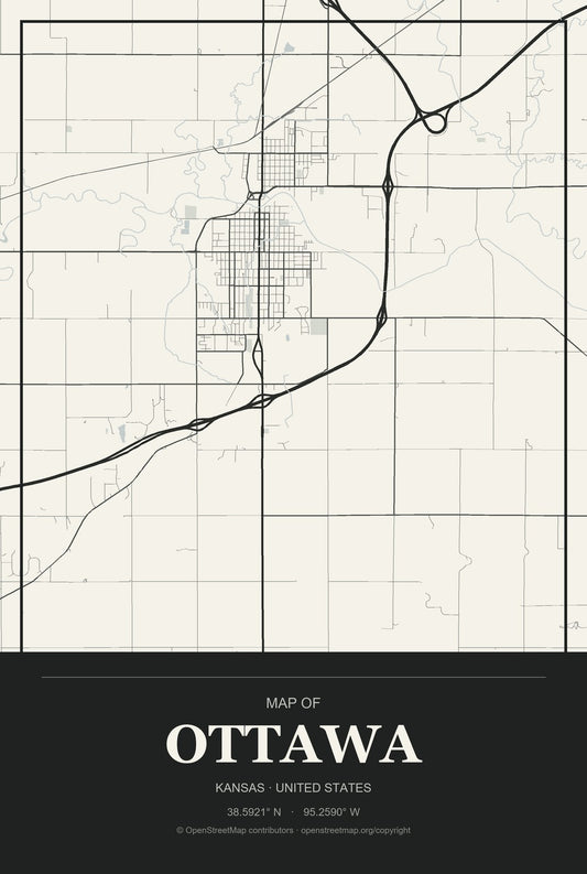 Ottawa, Kansas City Map Aluminum Sign in Museum Plaque style