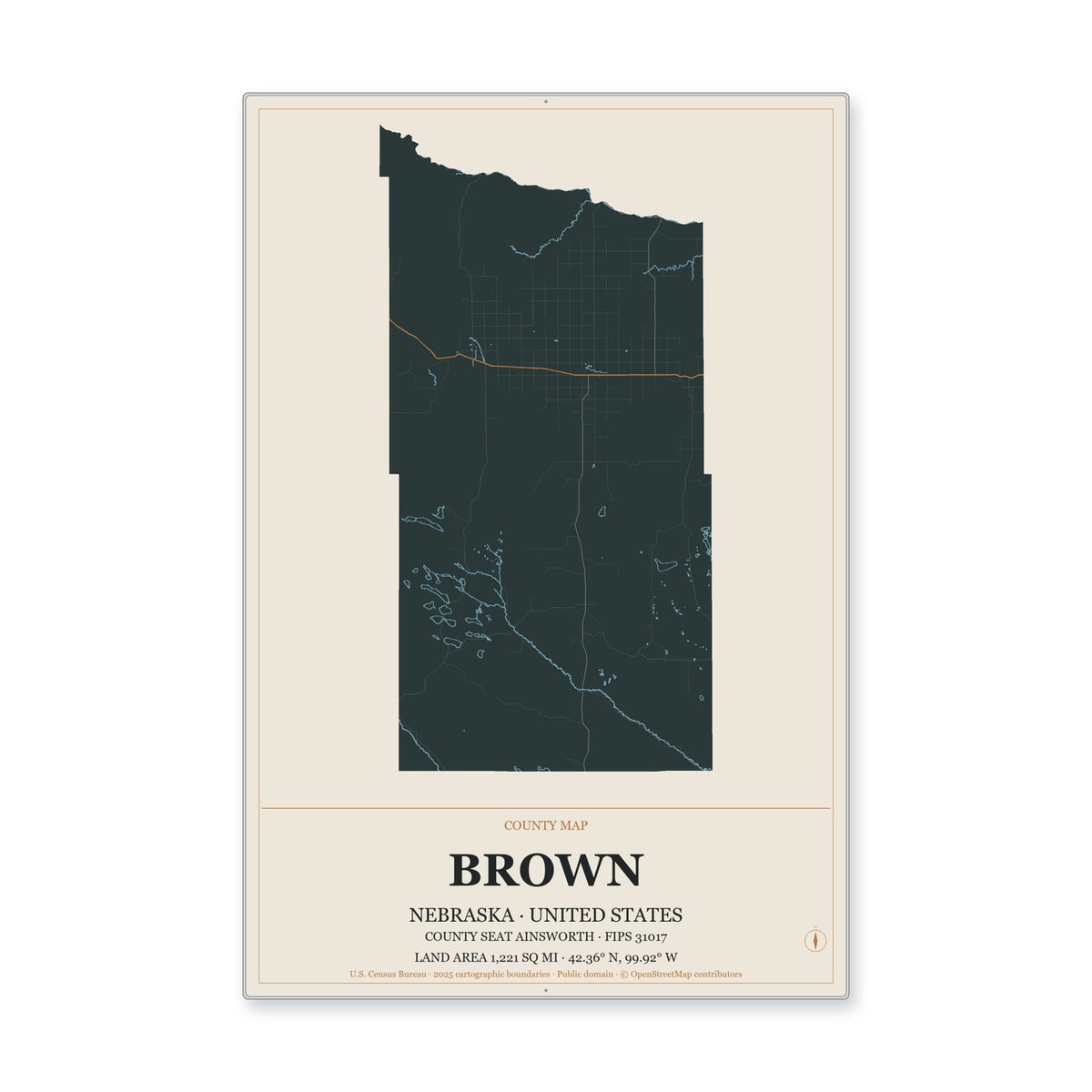 Brown County, Nebraska Map Aluminum Sign in Headline Atlas style
