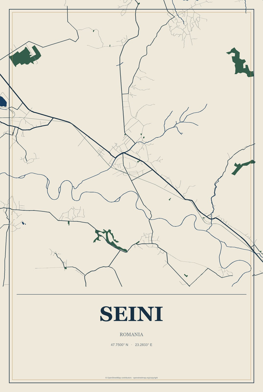 Seini, Romania City Map Aluminum Sign in Coastal Cutout style