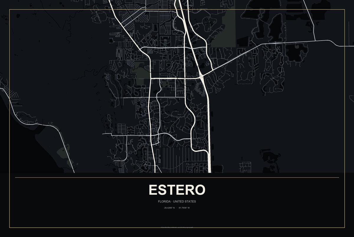 Estero, Florida City Map Aluminum Sign in Metropolitan Noir style