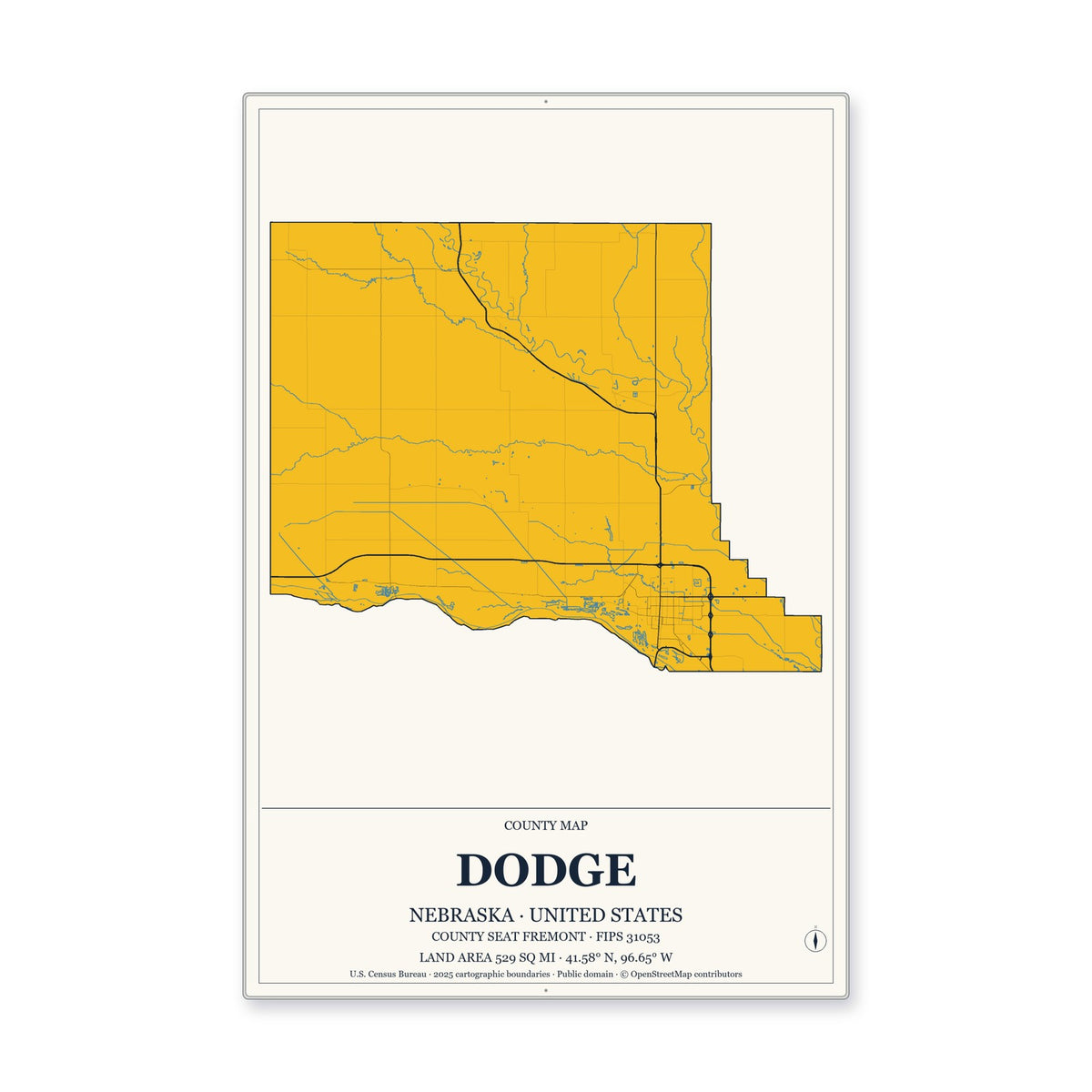 Dodge County, Nebraska Map Aluminum Sign in Citrine Modern style