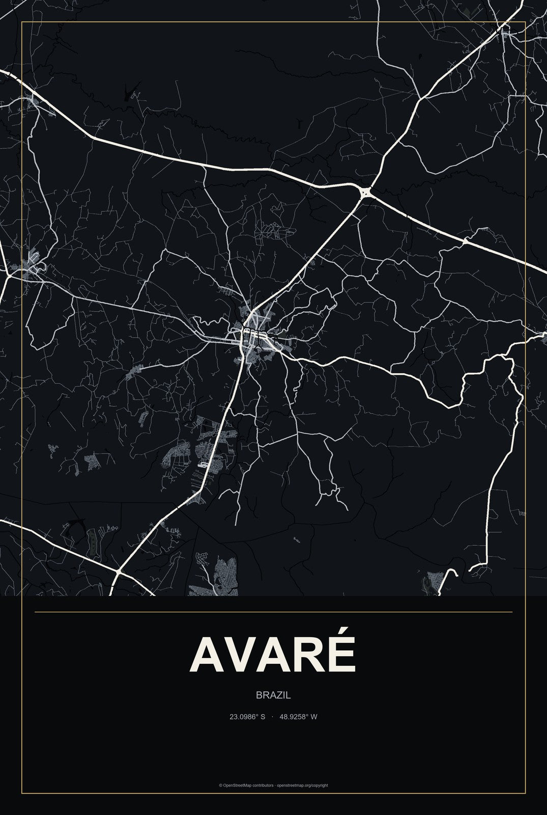 Avaré, Brazil City Map Aluminum Sign in Metropolitan Noir style