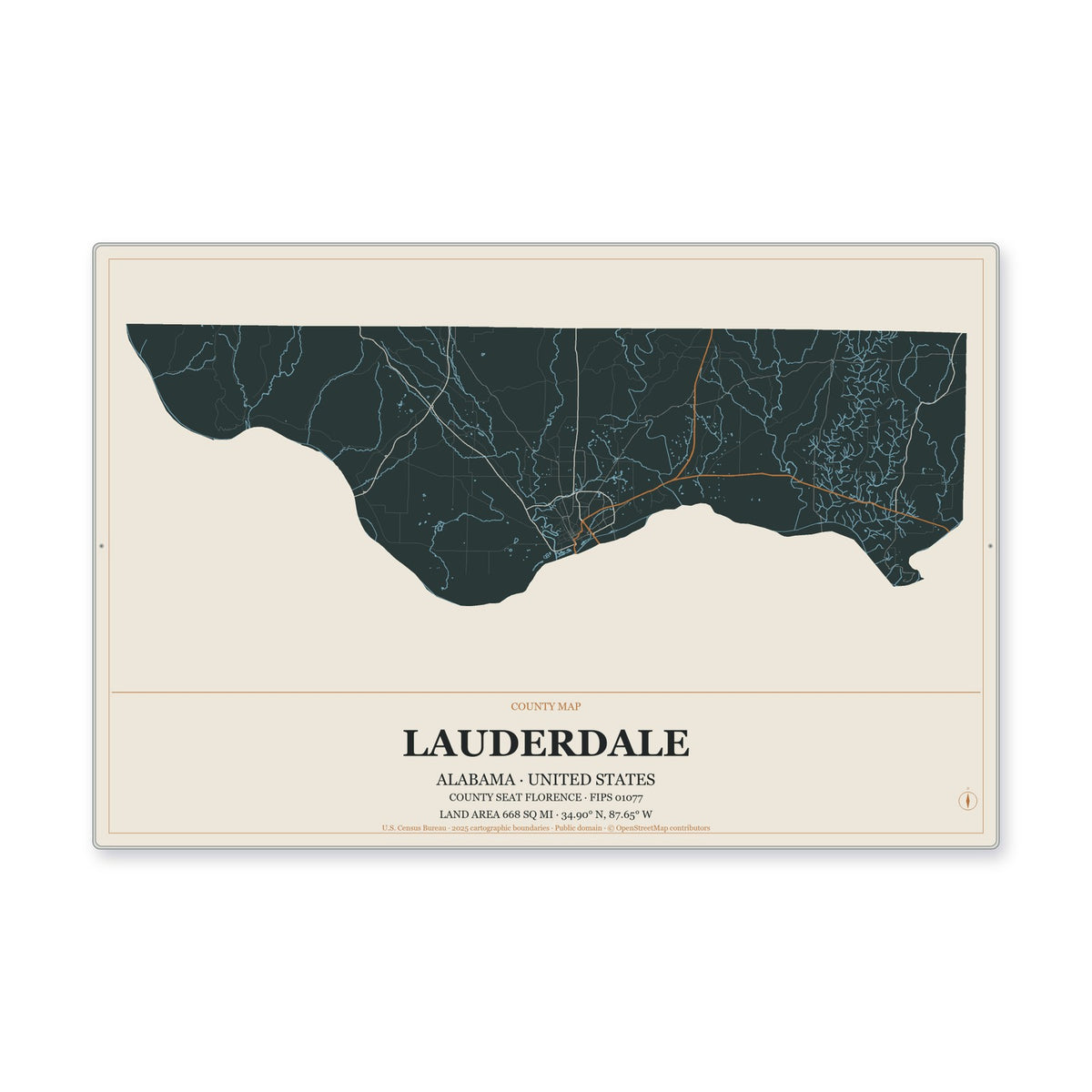 Lauderdale County, Alabama Map Aluminum Sign in Headline Atlas style