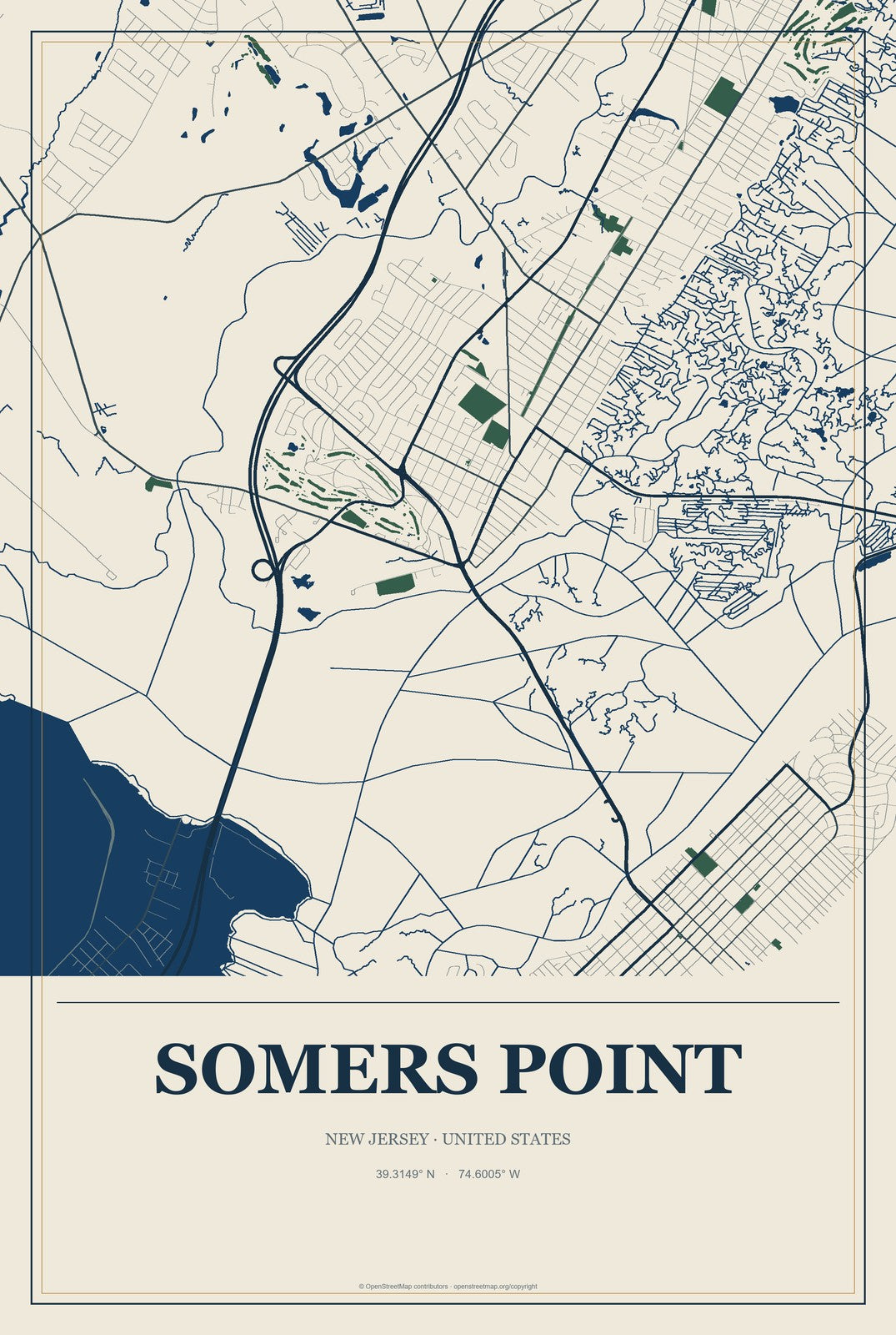 Somers Point, New Jersey City Map Aluminum Sign in Coastal Cutout style