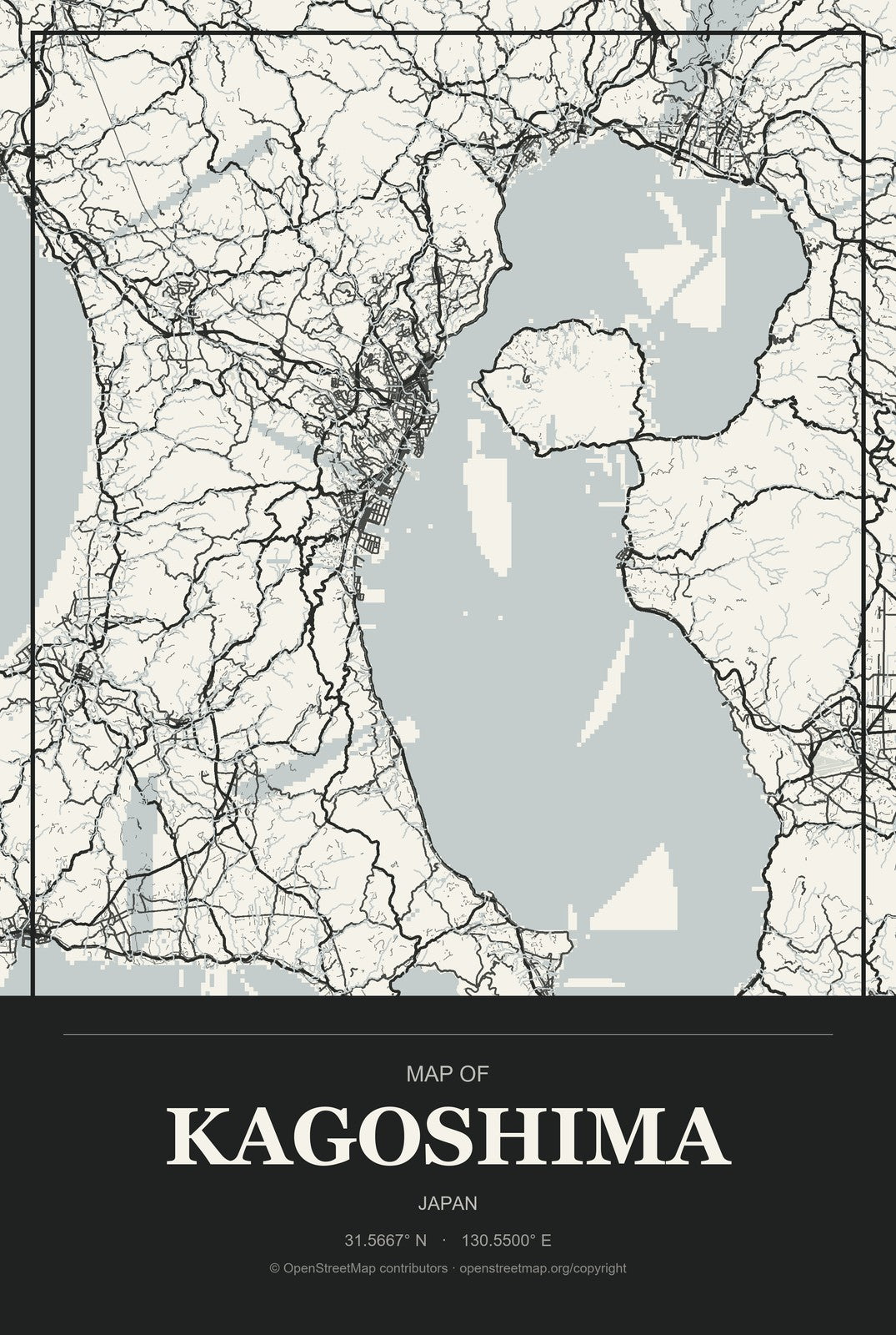 Kagoshima, Japan City Map Aluminum Sign in Museum Plaque style