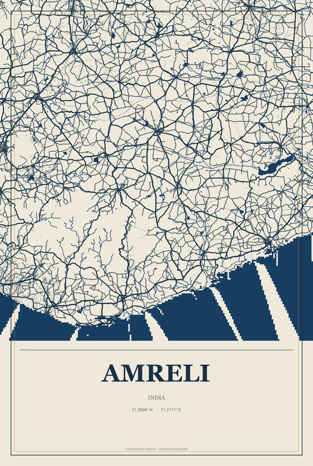 Amreli, India City Map Aluminum Sign in Coastal Cutout style