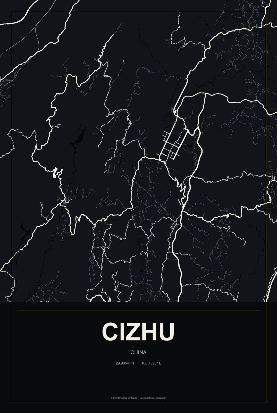 Cizhu, China City Map Aluminum Sign in Metropolitan Noir style