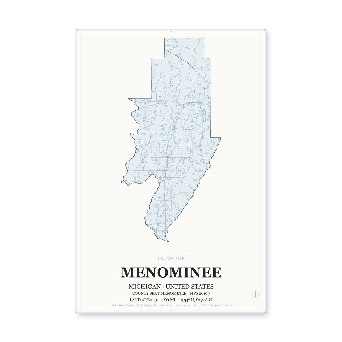 Menominee County, Michigan Map Aluminum Sign in Gallery Air style