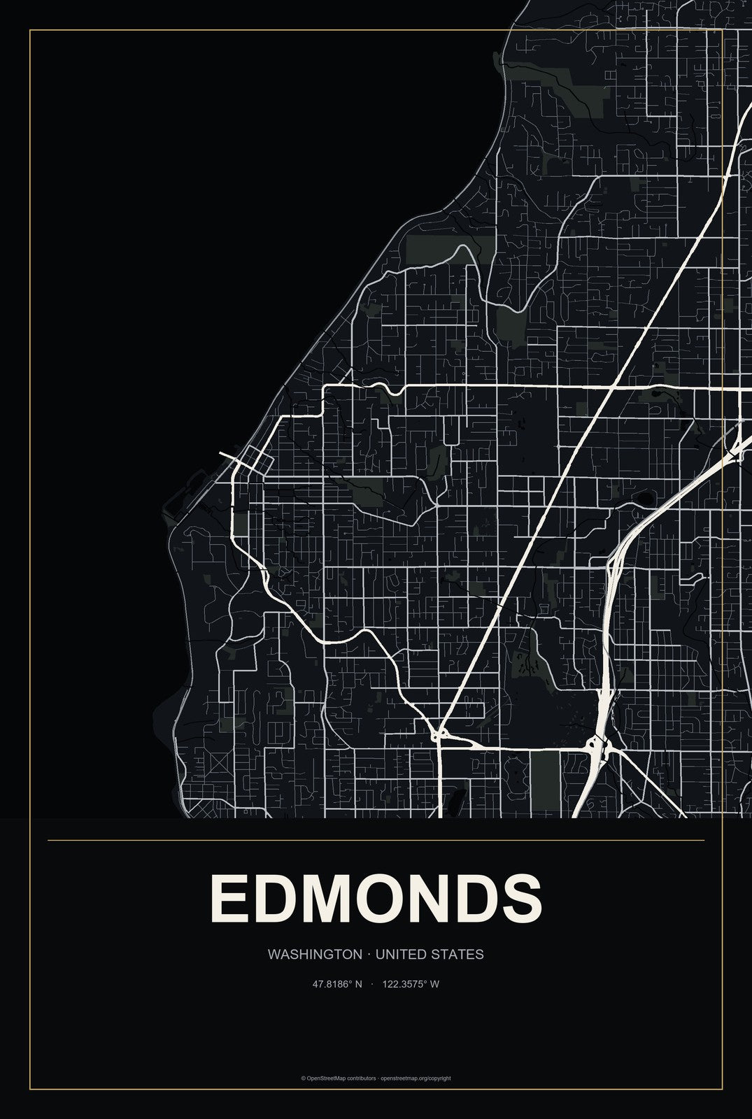 Edmonds, Washington City Map Aluminum Sign in Metropolitan Noir style