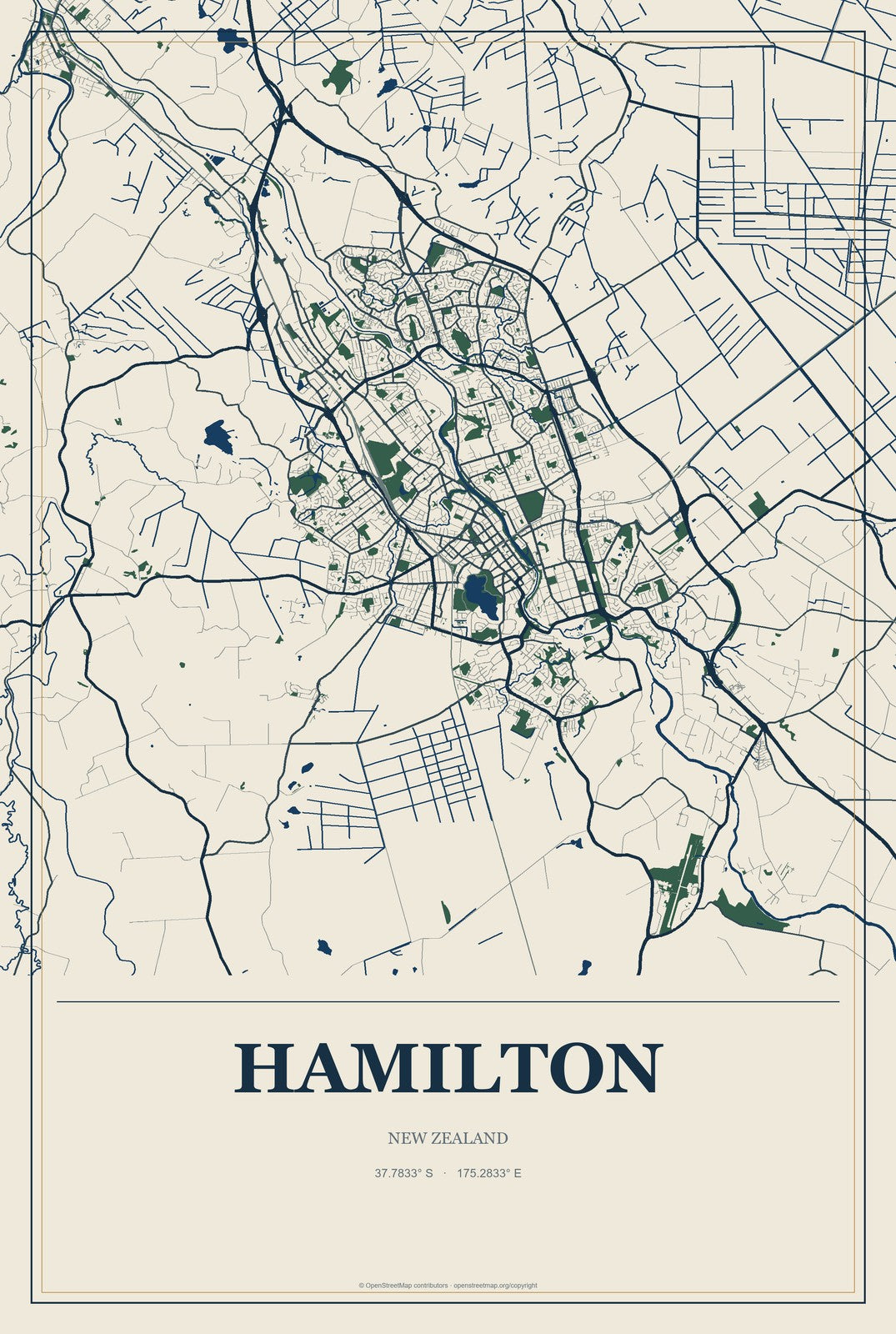 Hamilton, New Zealand City Map Aluminum Sign in Coastal Cutout style