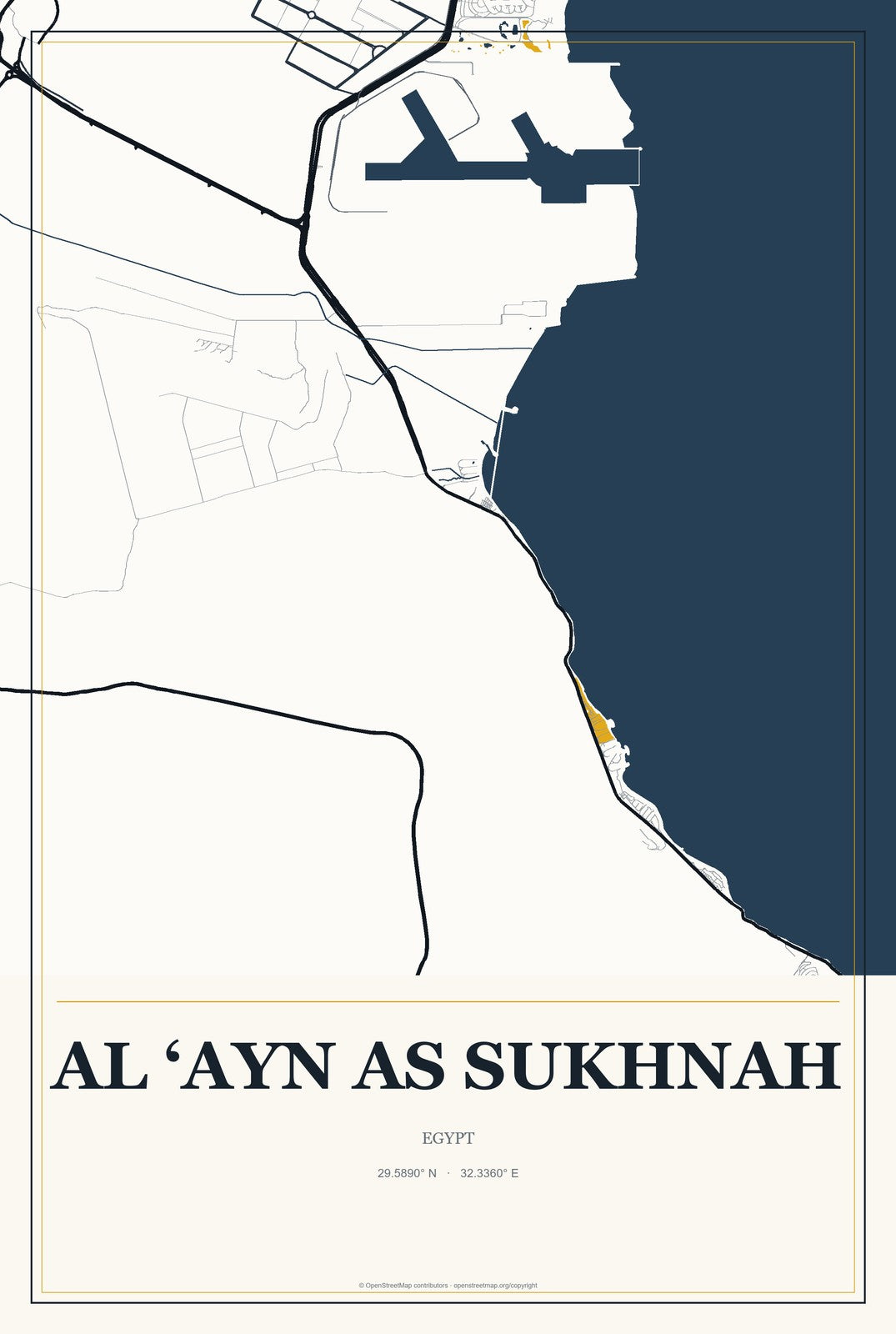 Al ‘Ayn as Sukhnah, Egypt City Map Aluminum Sign in Citrine Modern style