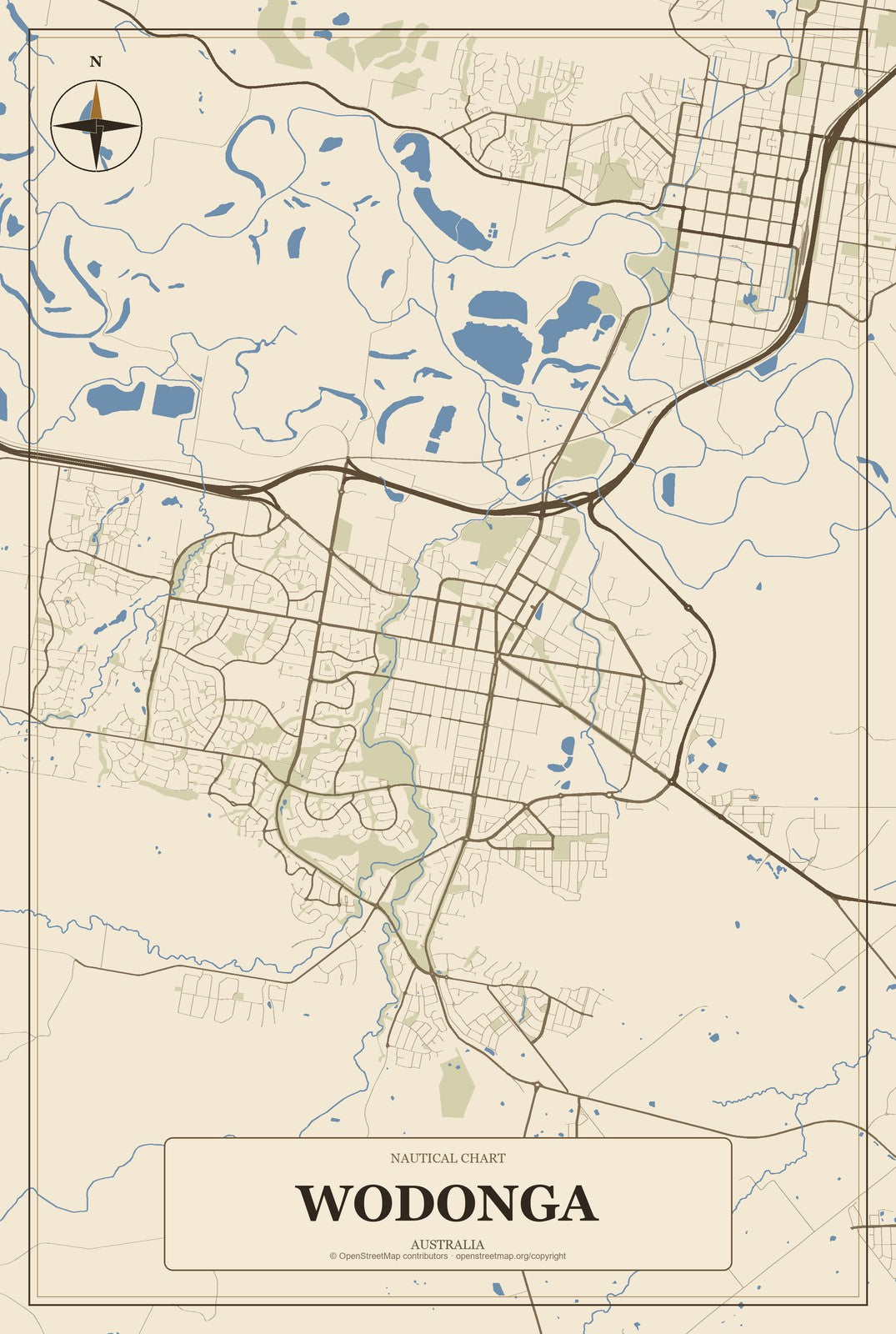 Wodonga, Australia City Map Aluminum Sign in Heritage Nautical style