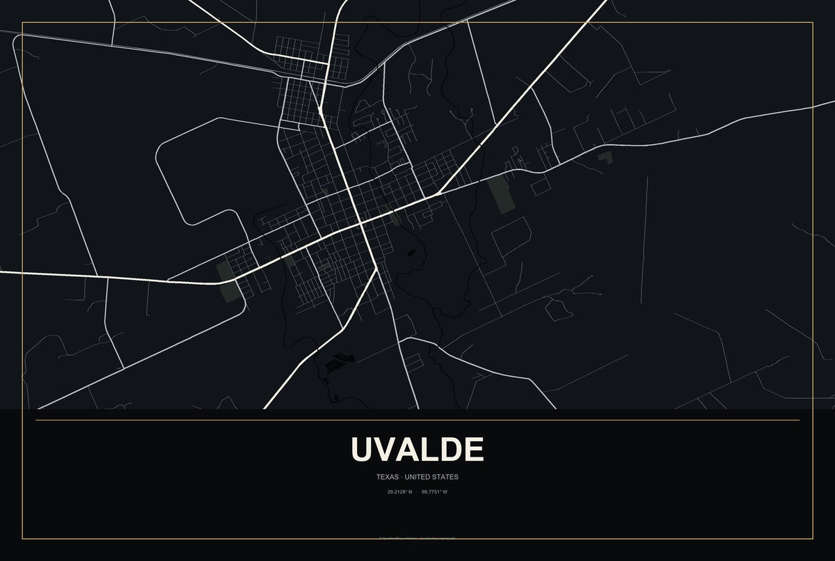 Uvalde, Texas City Map Aluminum Sign in Metropolitan Noir style