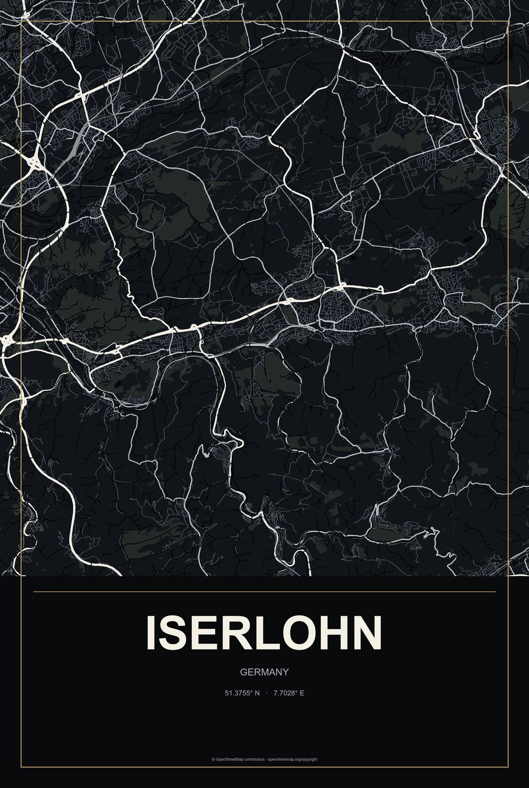 Iserlohn, Germany City Map Aluminum Sign in Metropolitan Noir style