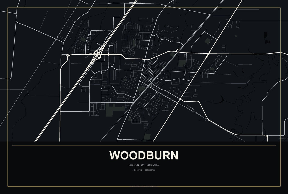 Woodburn, Oregon City Map Aluminum Sign in Metropolitan Noir style