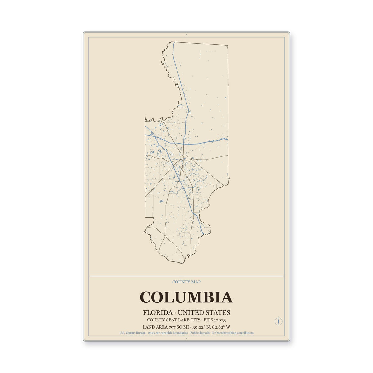 Columbia County, Florida Map Aluminum Sign in Heritage Nautical style