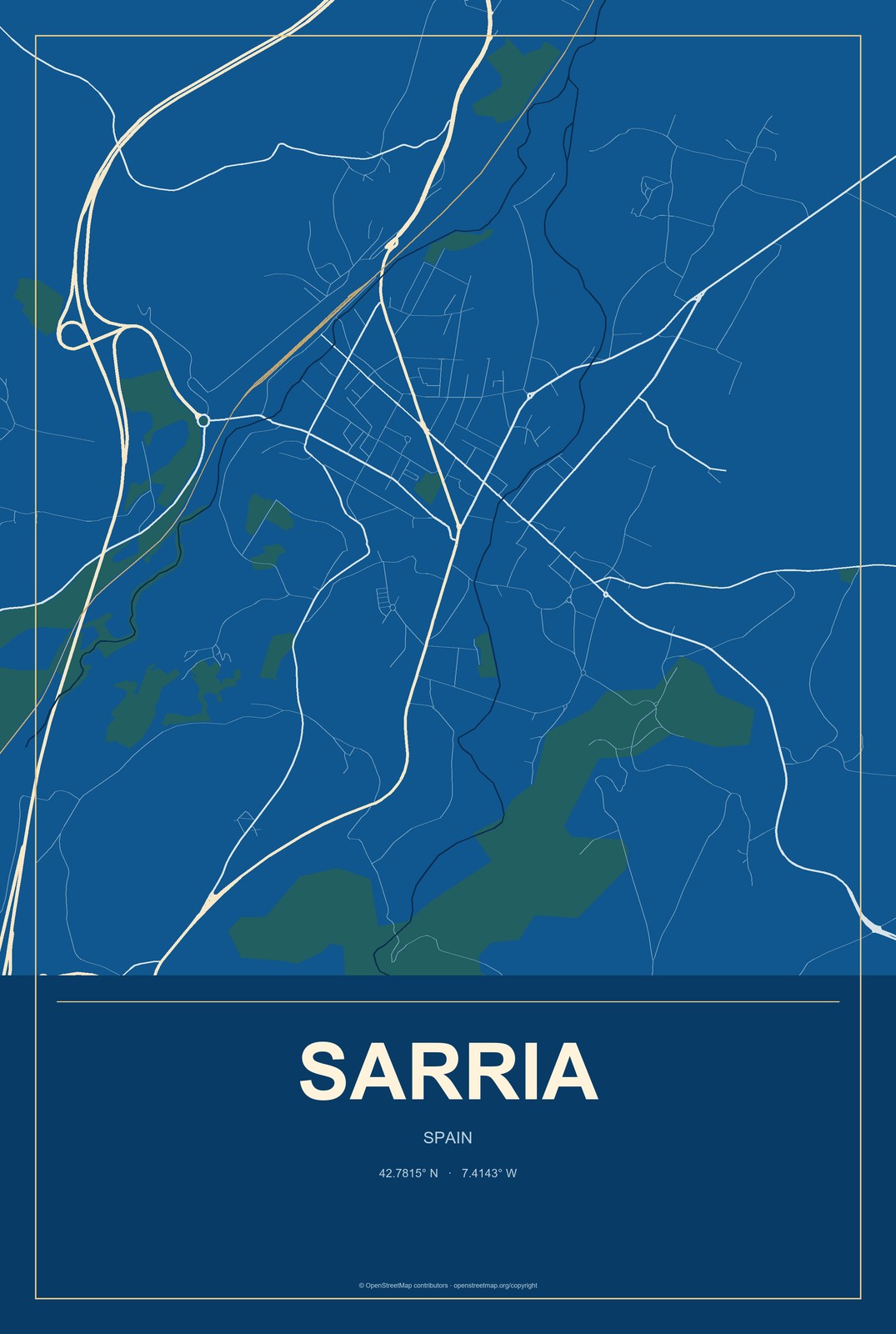 Sarria, Spain City Map Aluminum Sign in Harbor Cobalt style