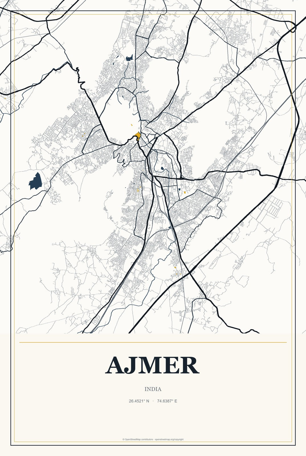 Ajmer, India City Map Aluminum Sign in Citrine Modern style