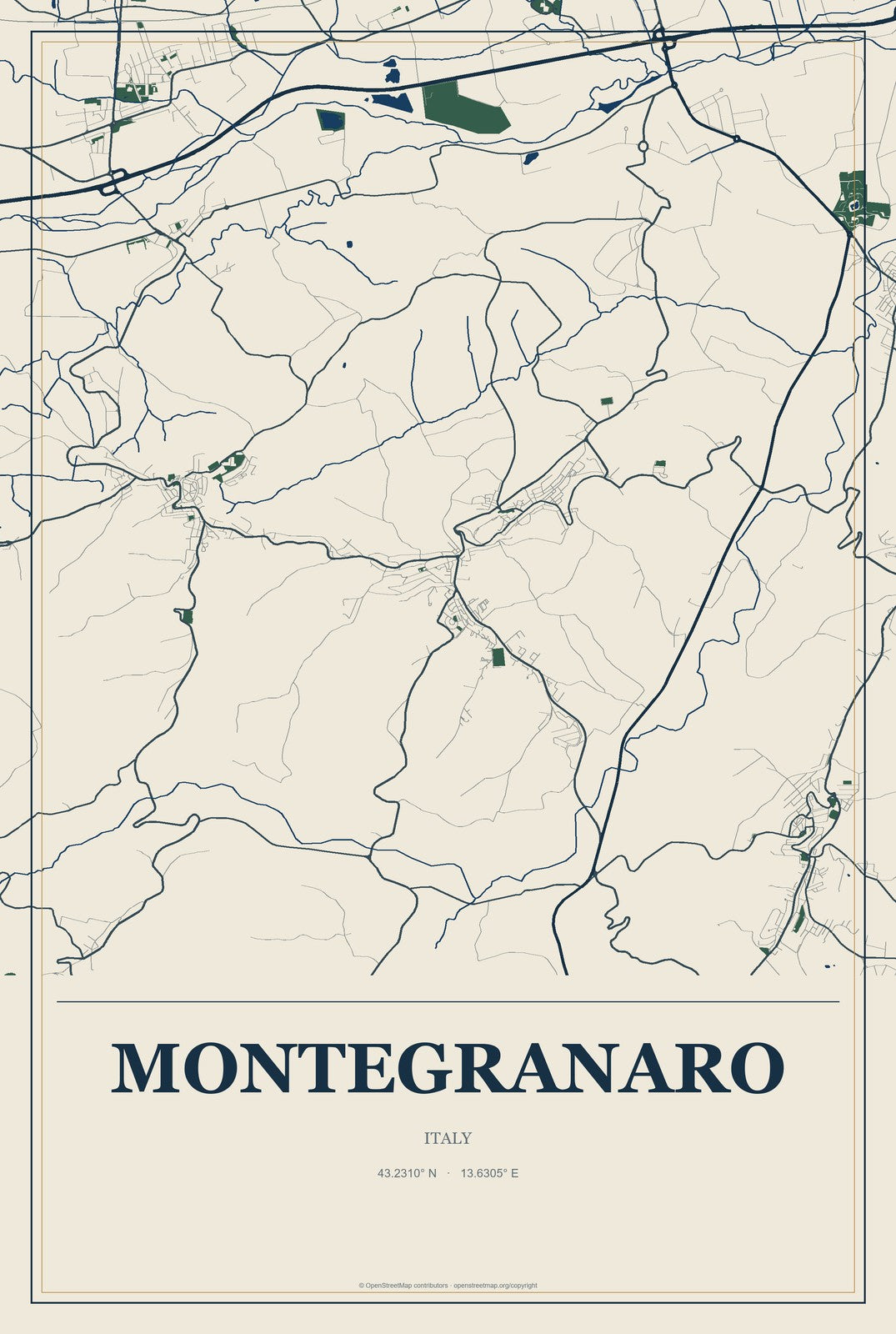 Montegranaro, Italy City Map Aluminum Sign in Coastal Cutout style