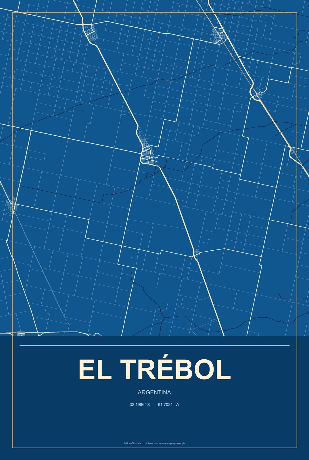 El Trébol, Argentina City Map Aluminum Sign in Harbor Cobalt style