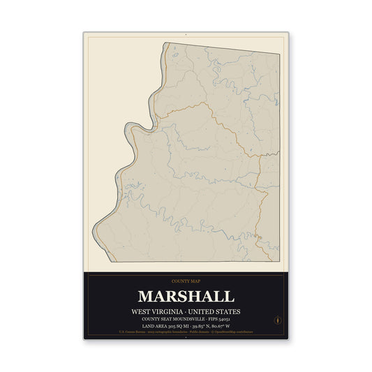 Marshall County, West Virginia Map Aluminum Sign in Museum Plaque style