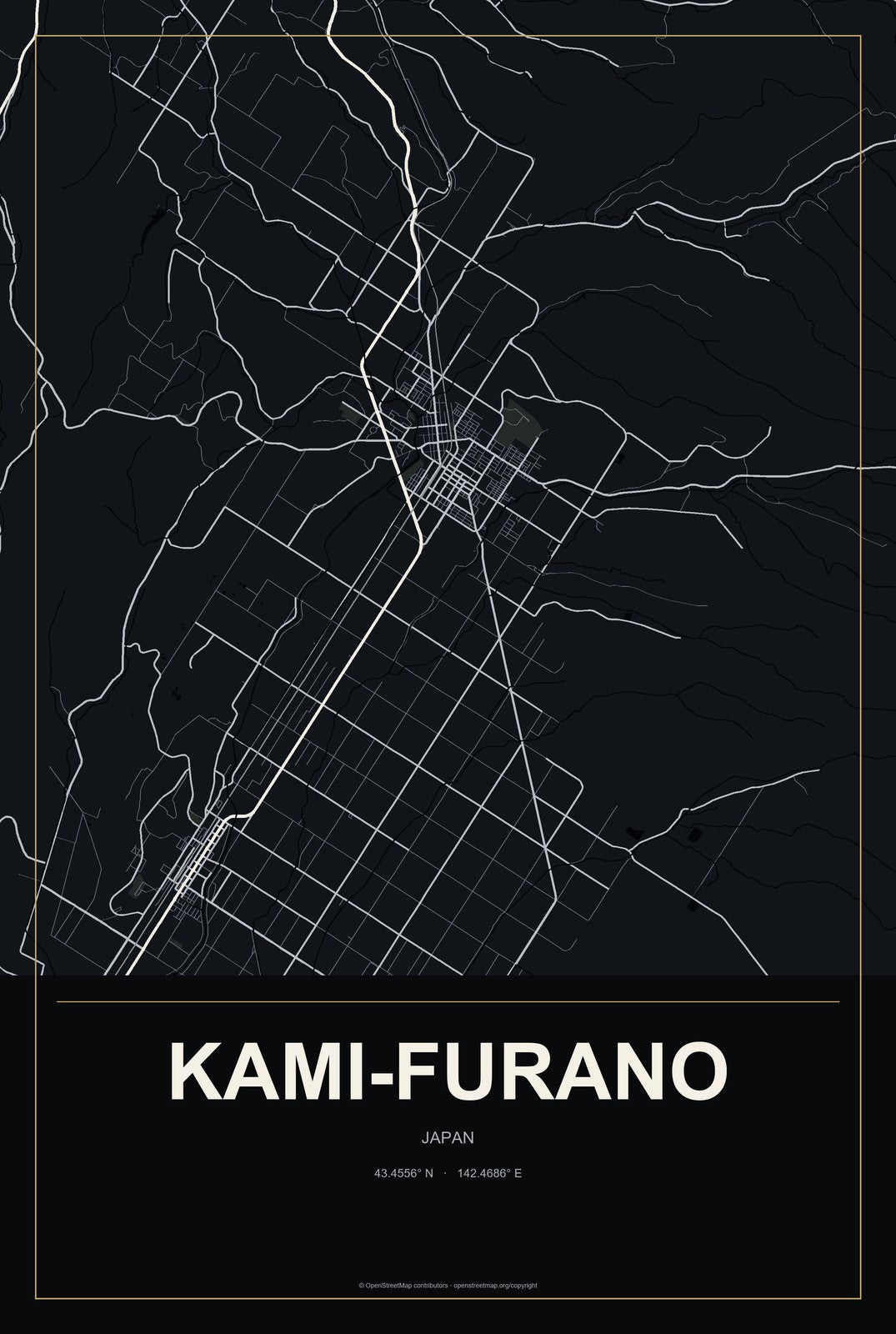 Kami-furano, Japan City Map Aluminum Sign in Metropolitan Noir style