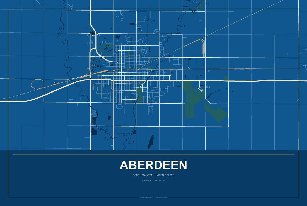 Aberdeen, South Dakota City Map Aluminum Sign in Harbor Cobalt style