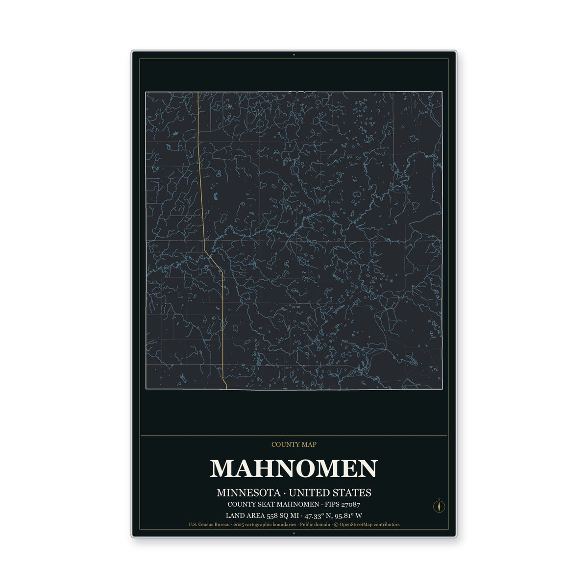 Mahnomen County, Minnesota Map Aluminum Sign in Metropolitan Noir style