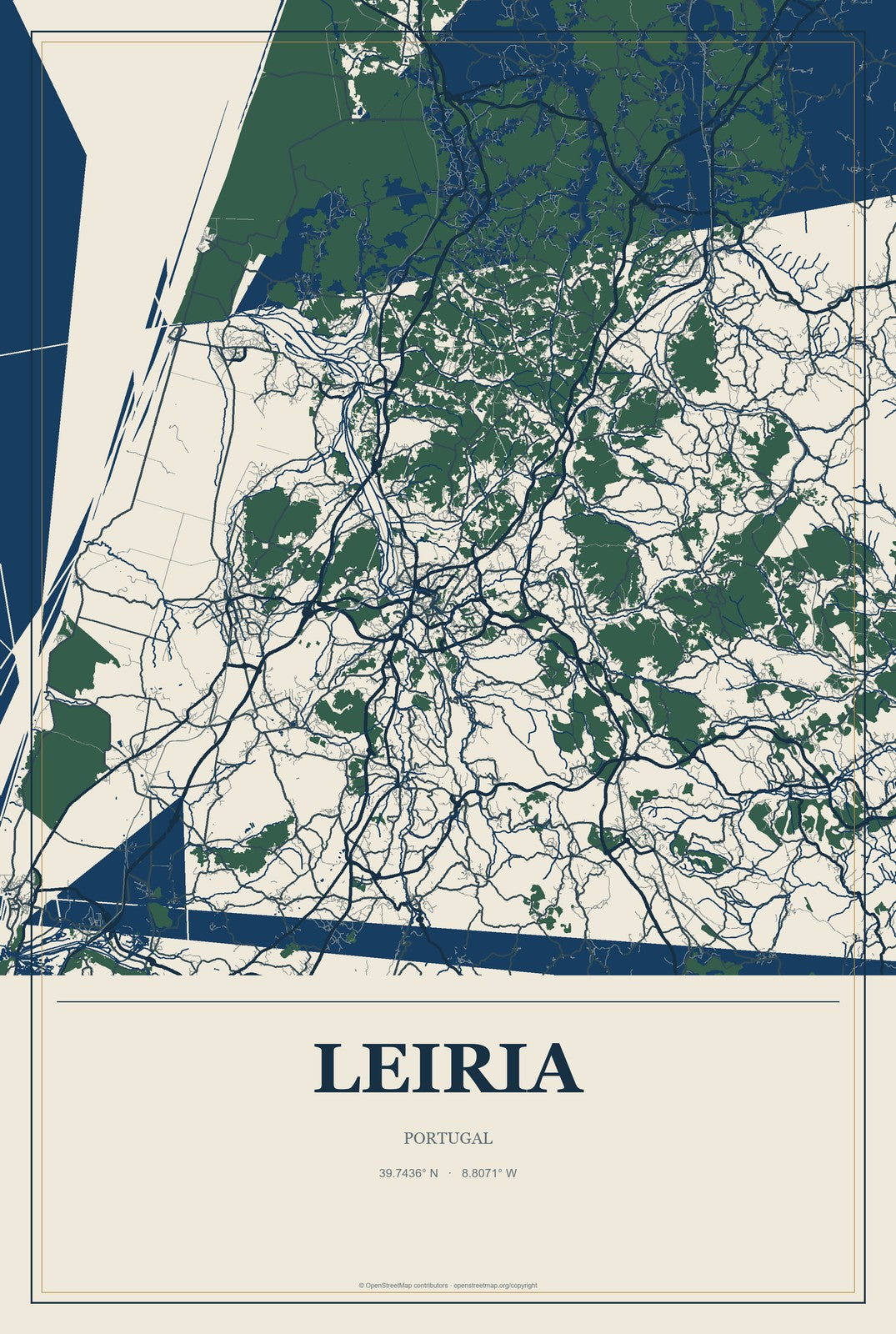 Leiria, Portugal City Map Aluminum Sign in Coastal Cutout style