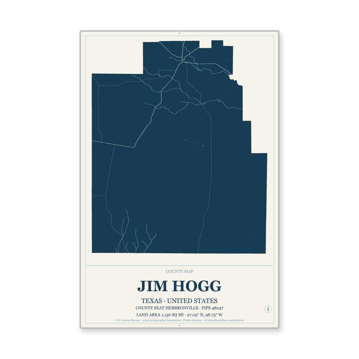 Jim Hogg County, Texas Map Aluminum Sign in Coastal Cutout style