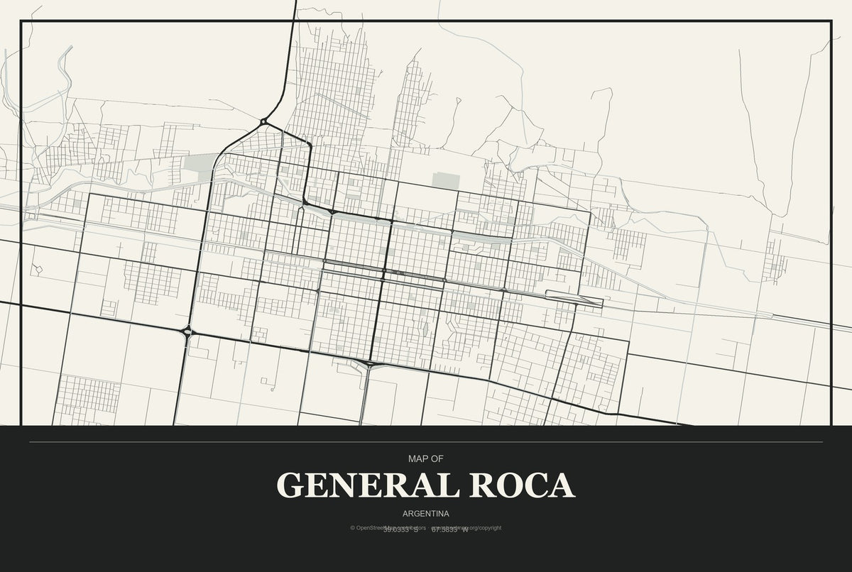 General Roca, Argentina City Map Aluminum Sign in Museum Plaque style