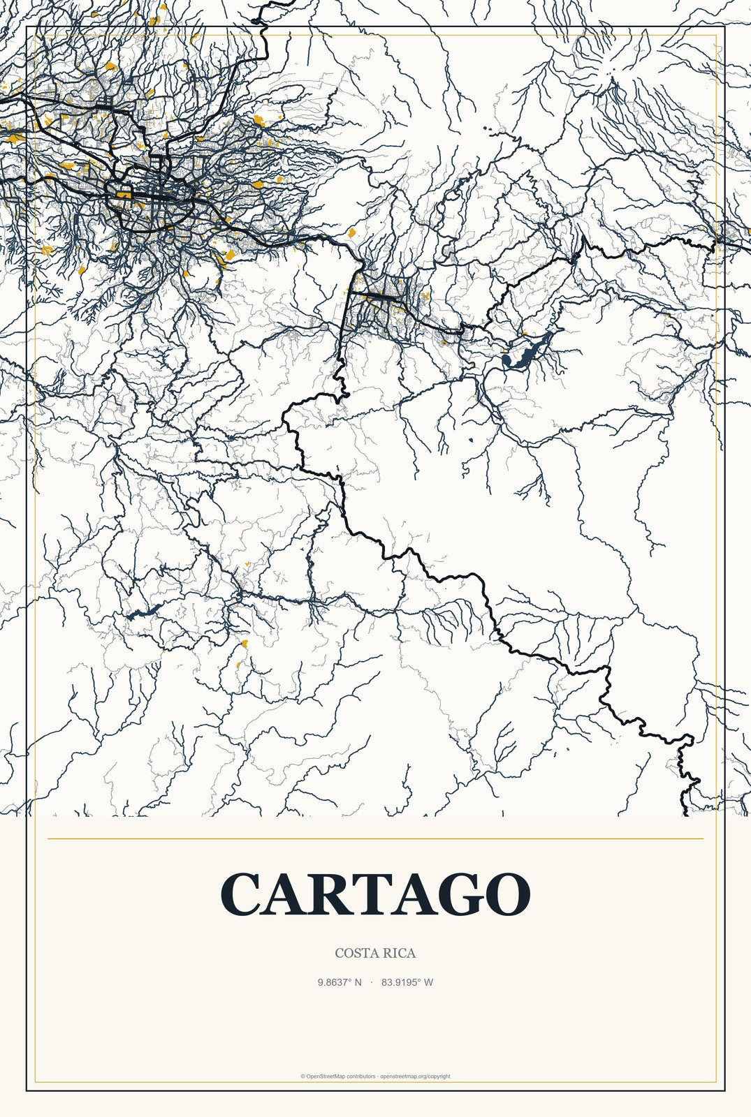 Cartago, Costa Rica City Map Aluminum Sign in Citrine Modern style