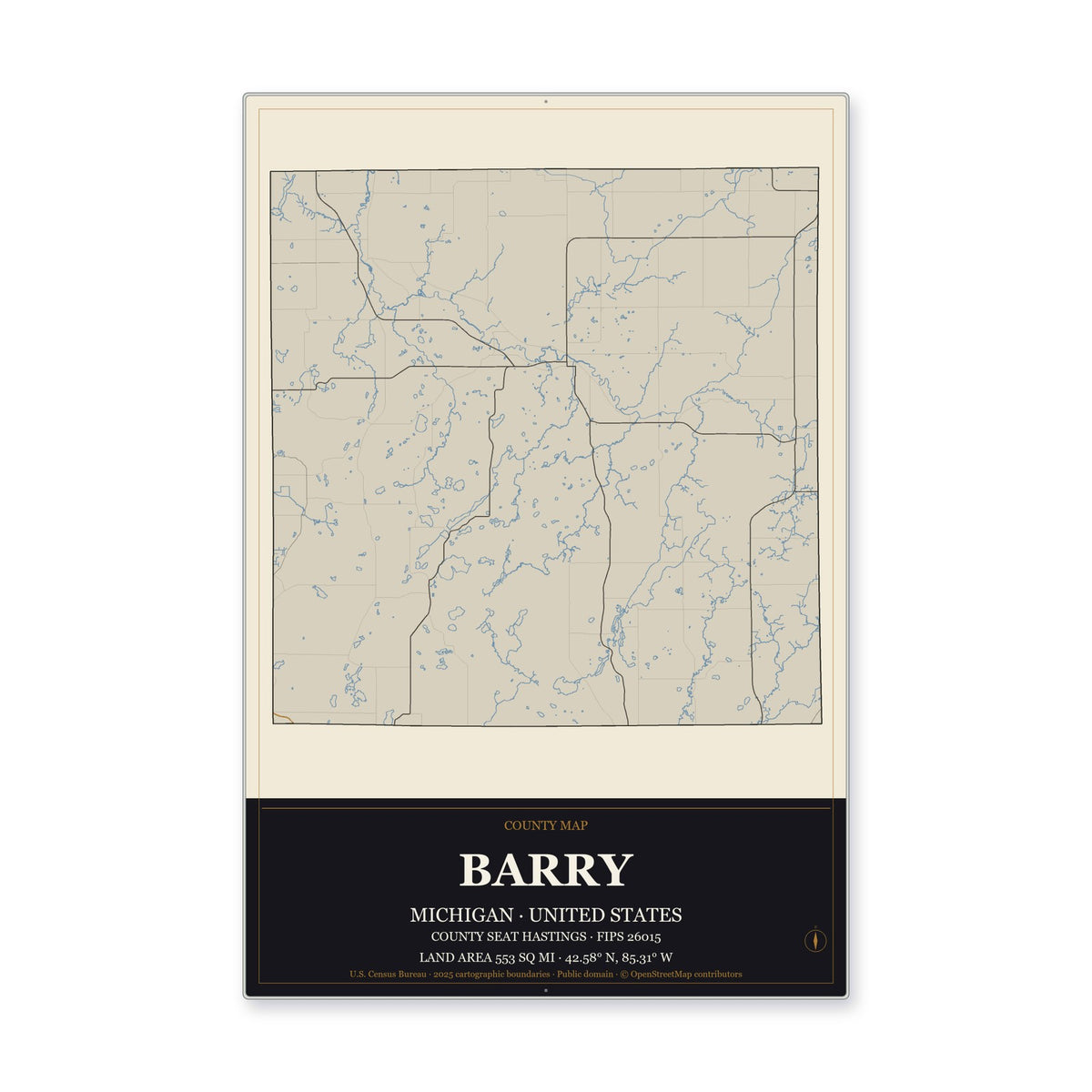 Barry County, Michigan Map Aluminum Sign in Museum Plaque style