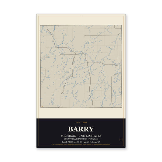 Barry County, Michigan Map Aluminum Sign in Museum Plaque style