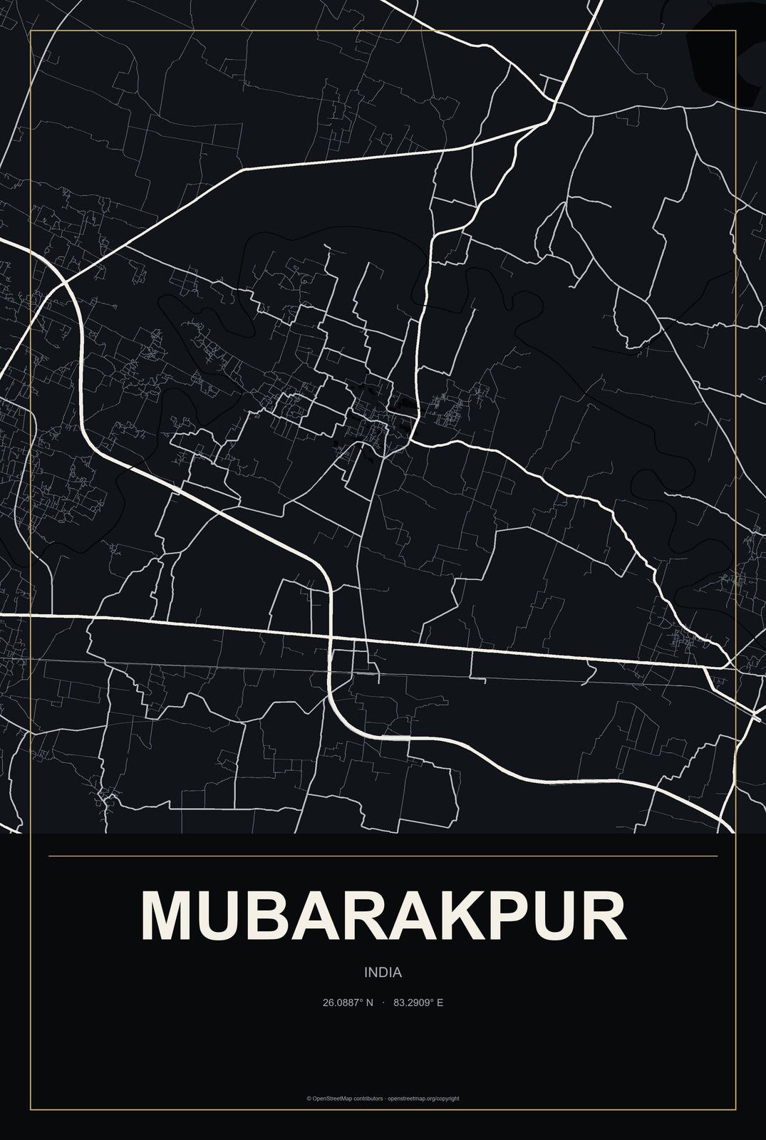 Mubarakpur, India City Map Aluminum Sign in Metropolitan Noir style