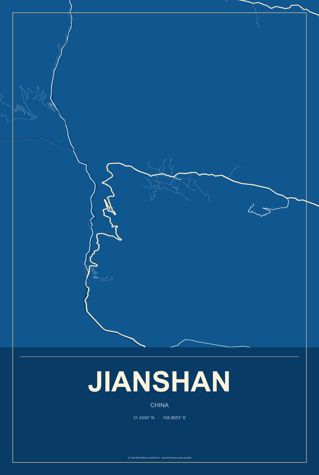 Jianshan, China City Map Aluminum Sign in Harbor Cobalt style