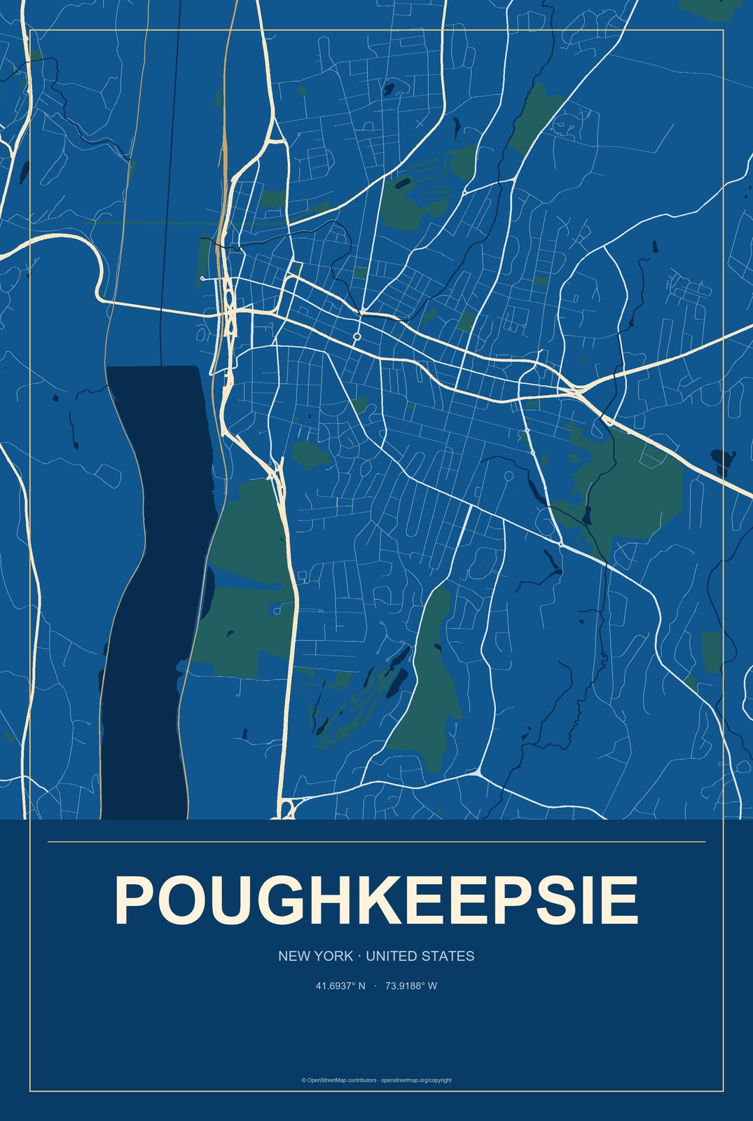 Poughkeepsie, New York City Map Aluminum Sign in Harbor Cobalt style