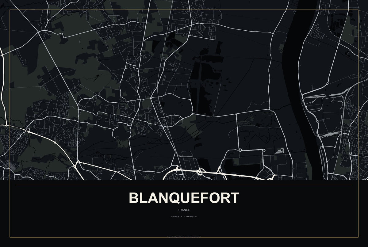 Blanquefort, France City Map Aluminum Sign in Metropolitan Noir style