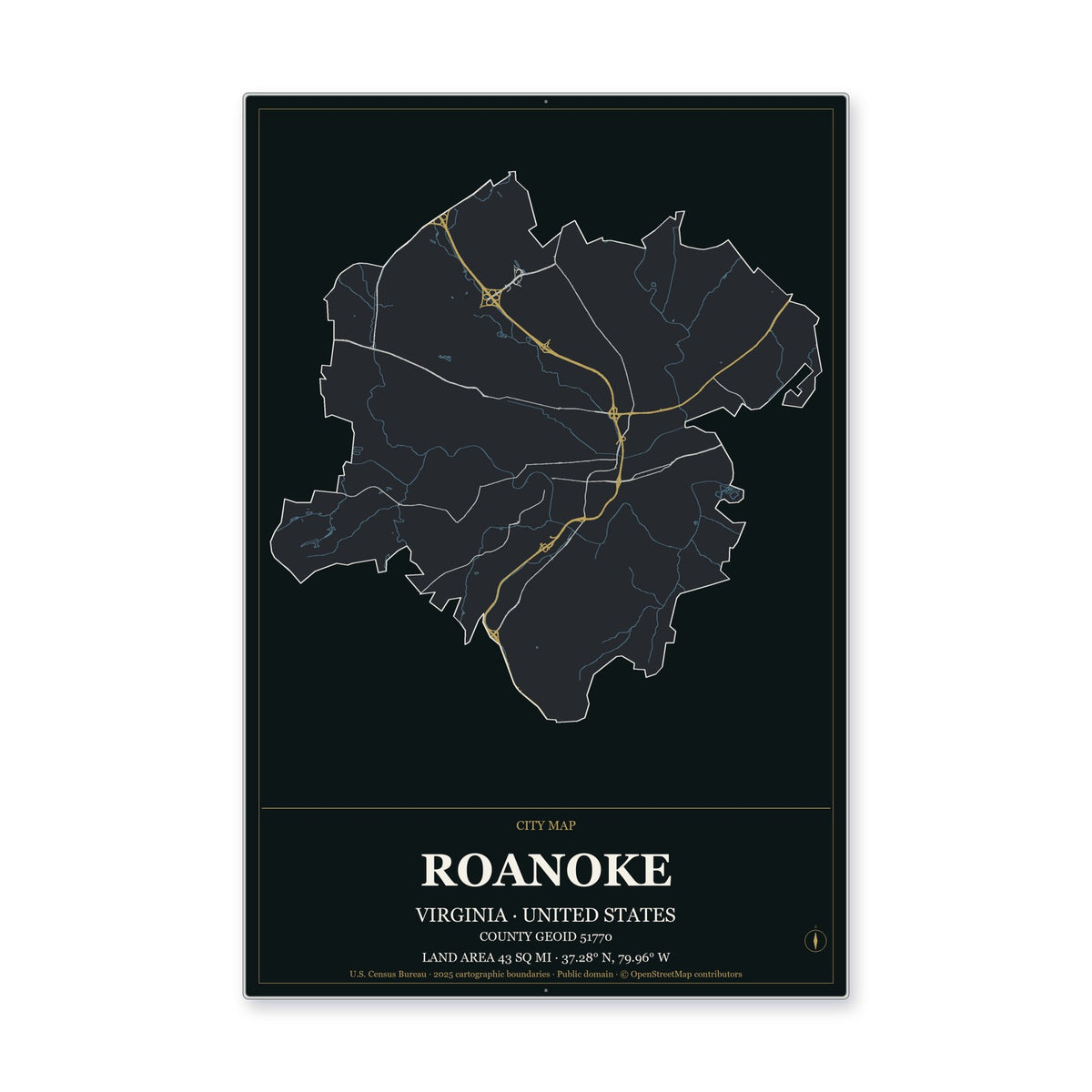 Roanoke city, Virginia Map Aluminum Sign in Metropolitan Noir style
