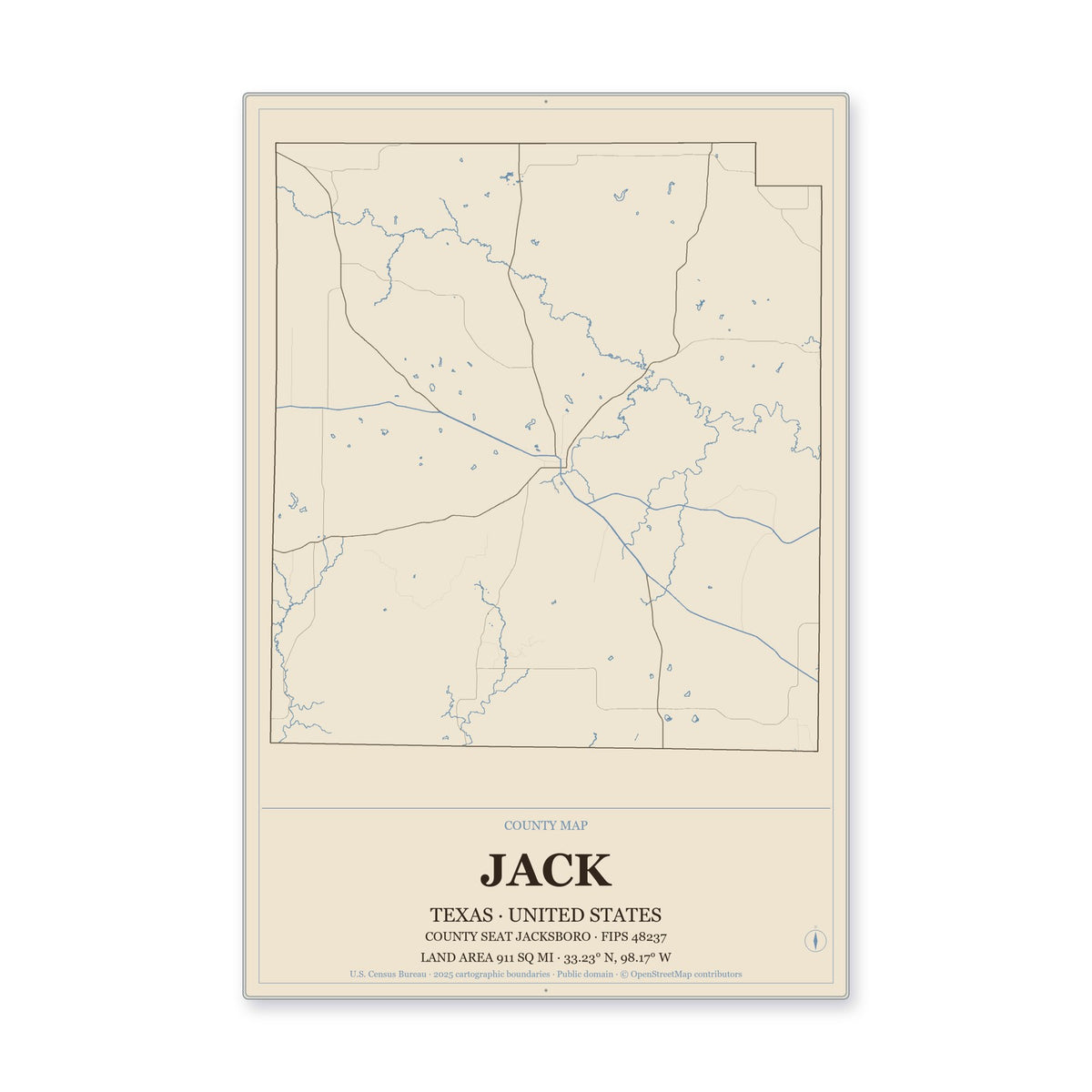 Jack County, Texas Map Aluminum Sign in Heritage Nautical style